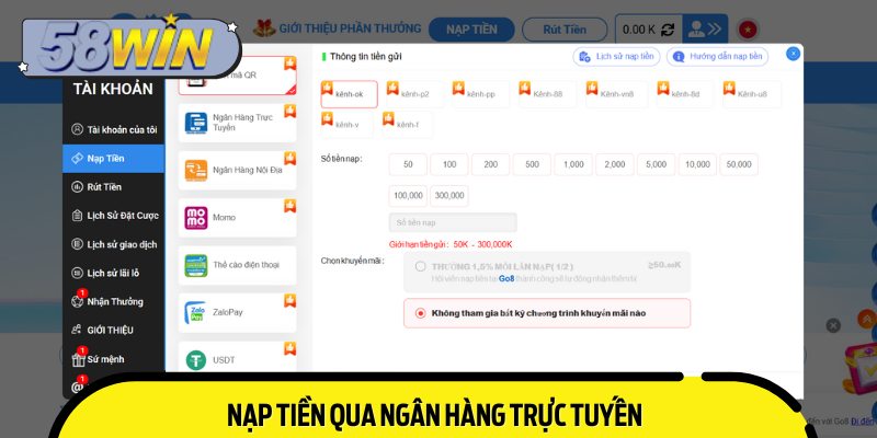 Nạp tiền qua ngân hàng trực tuyến